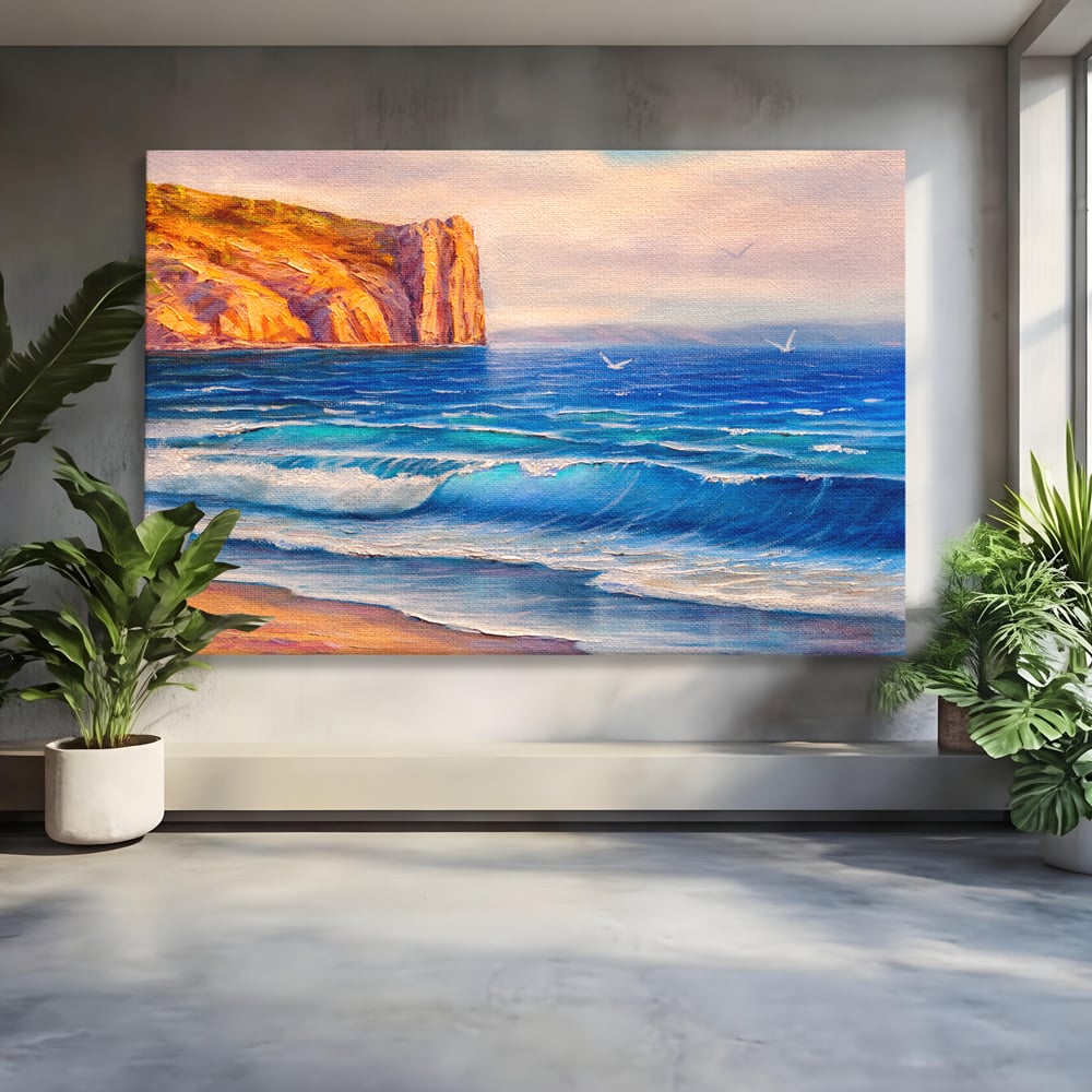 Tablou canvas cu pictura cu stanca pe malul marii, fara rama, pe sasiu de lemn